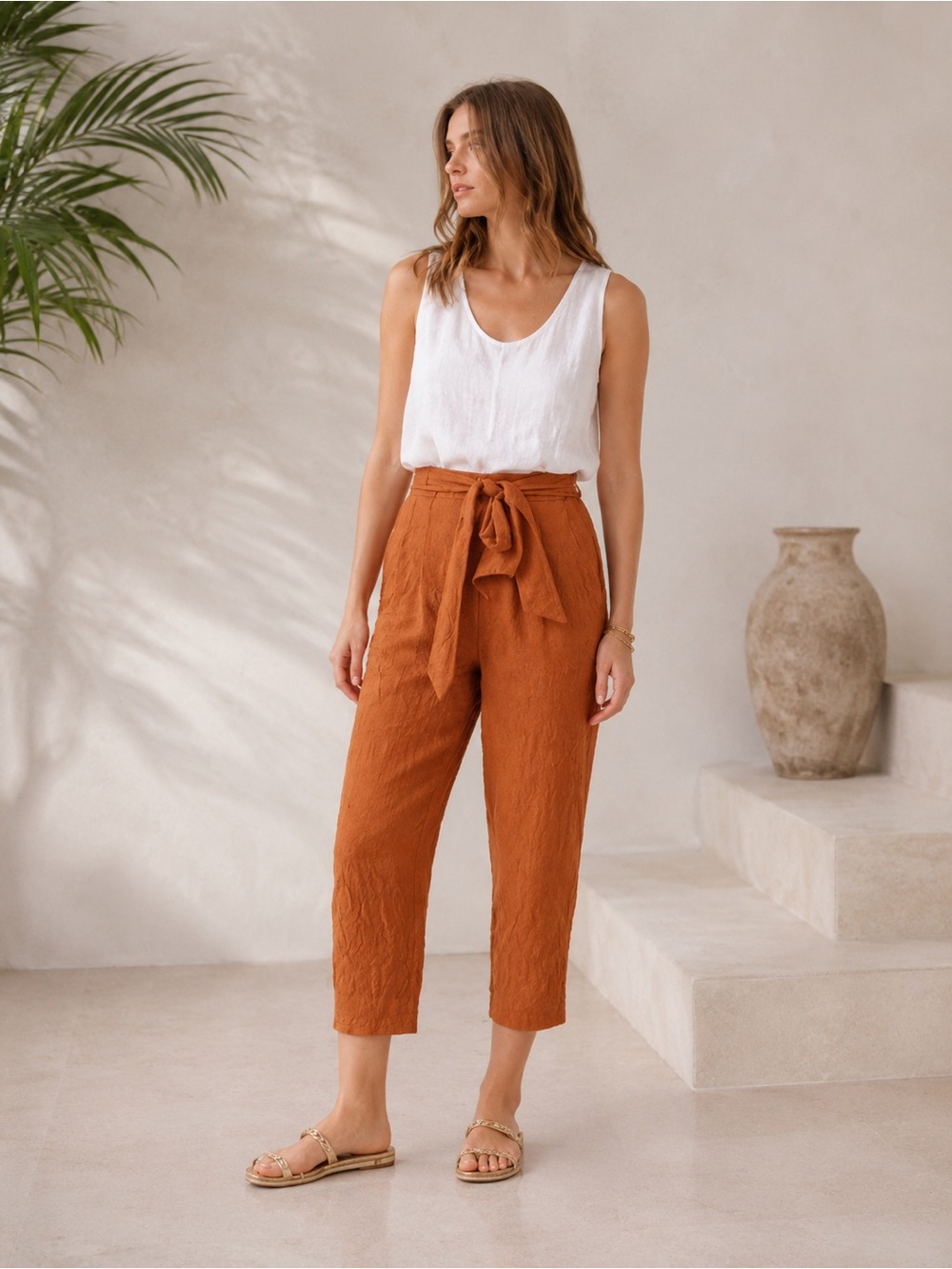 Anthropologie Orange Tie Waist Cropped Pants Size 0 Textured Rust Orange